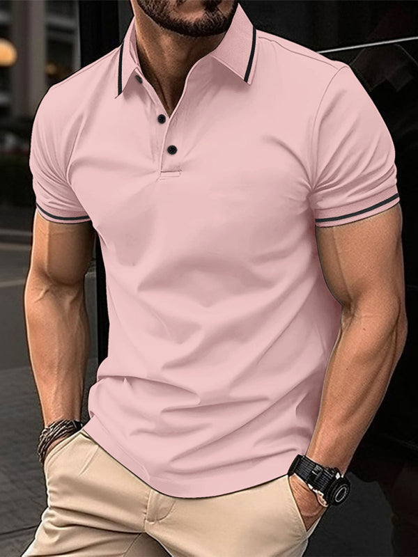 New Fashion Button Ribbed Collar Sports Polo Shirt Lapel Collar Polo Shirt - Pink / S