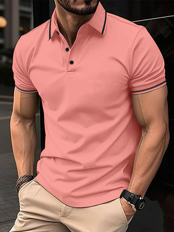 New Fashion Button Ribbed Collar Sports Polo Shirt Lapel Collar Polo Shirt - Watermelon Red / S