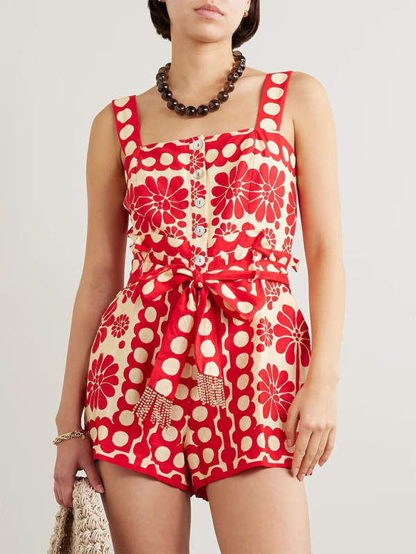 New fashion casual niche design printed lace-up waist slimming sleeveless suspender jumpsuit - Red / S