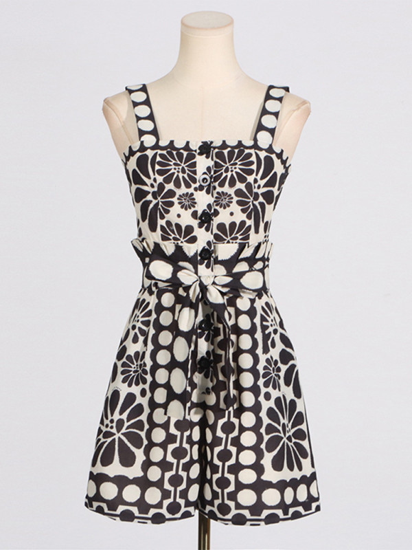 New fashion casual niche design printed lace-up waist slimming sleeveless suspender jumpsuit - Black / S