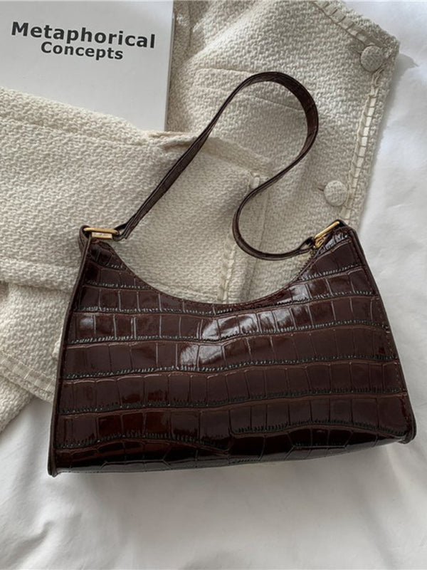 New fashion embossed hand bag temperament stone pattern shoulder bag - Dark Brown / F