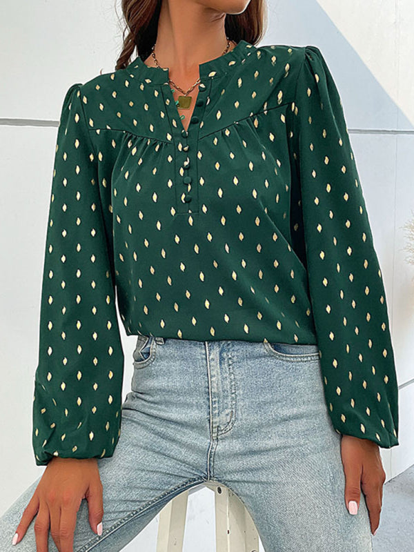 New Fashion Long Sleeve V Open Collar Bronzing Shirt