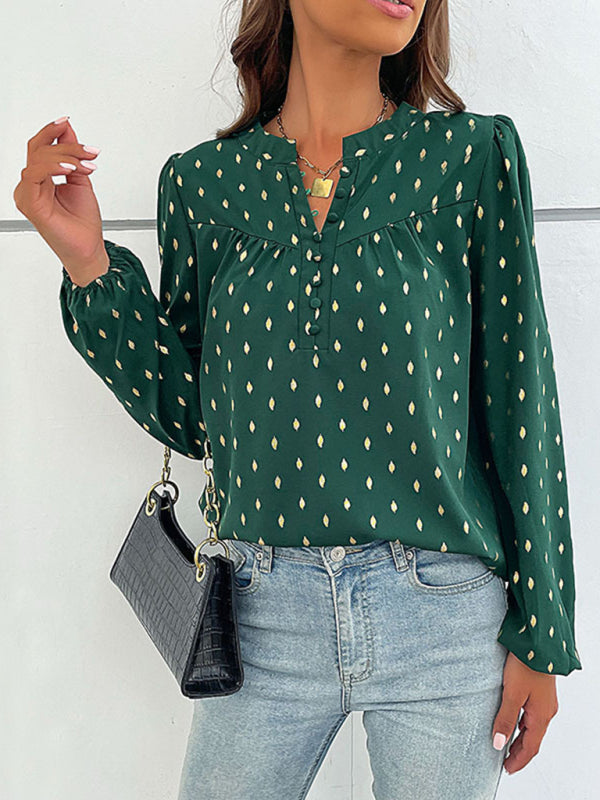 New Fashion Long Sleeve V Open Collar Bronzing Shirt - Green black jasper / S
