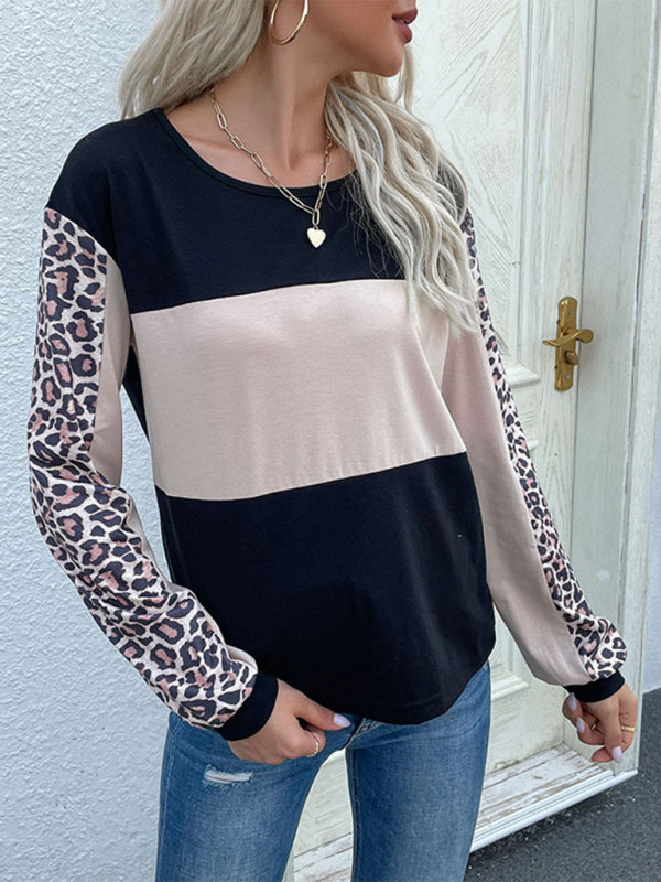 New Fashion Loose Casual Top Leopard Stitching Long Sleeve T-Shirt - Black / S
