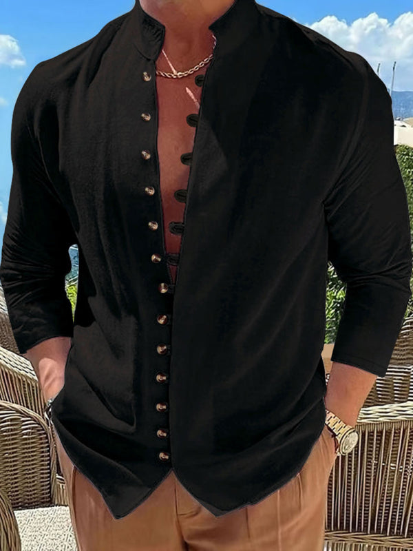 New Fashion Men’s Retro Button Casual Long Sleeve Shirt - Black / S