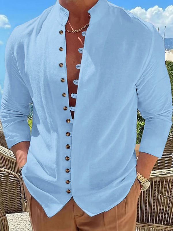 New Fashion Men’s Retro Button Casual Long Sleeve Shirt - Clear blue / S
