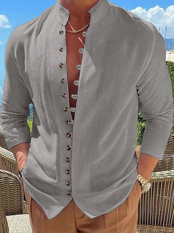 New Fashion Men’s Retro Button Casual Long Sleeve Shirt - Grey / S