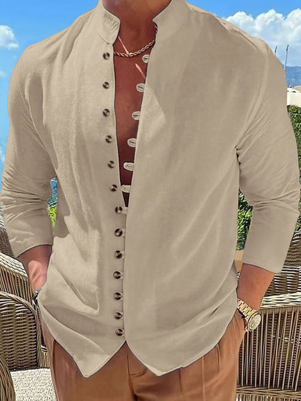 New Fashion Men’s Retro Button Casual Long Sleeve Shirt - Khaki / S