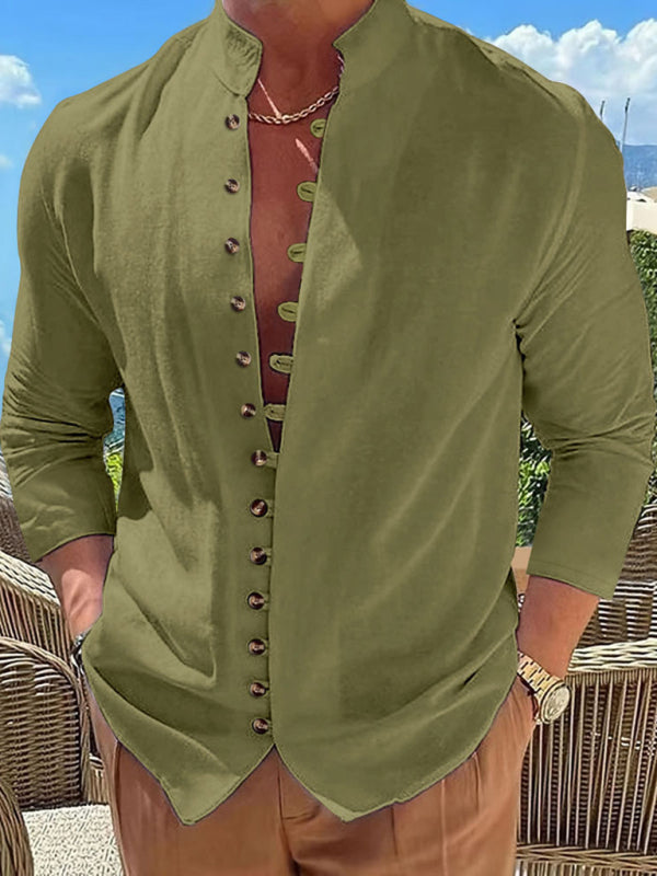 New Fashion Men’s Retro Button Casual Long Sleeve Shirt - Olive green / S