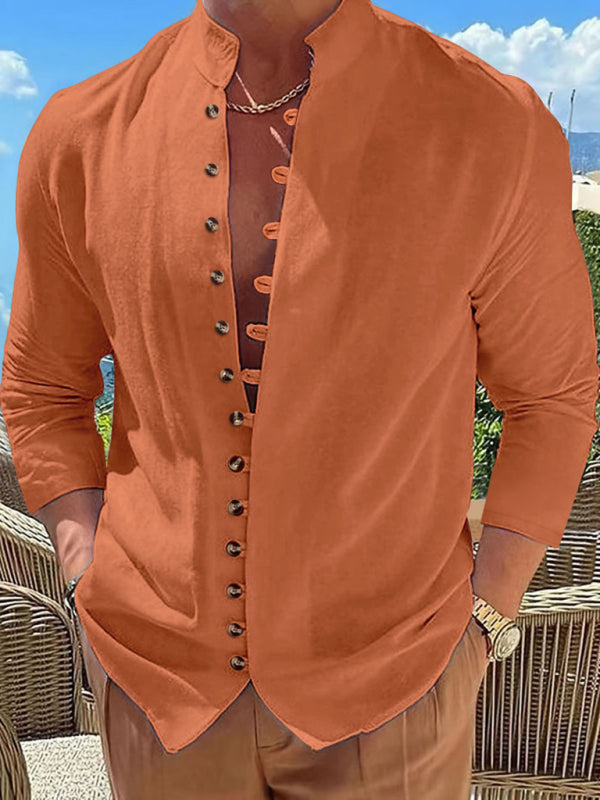 New Fashion Men’s Retro Button Casual Long Sleeve Shirt - Orange / S