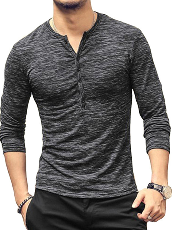 New fashion open placket slub silk men’s long-sleeved T-shirt - Black / S