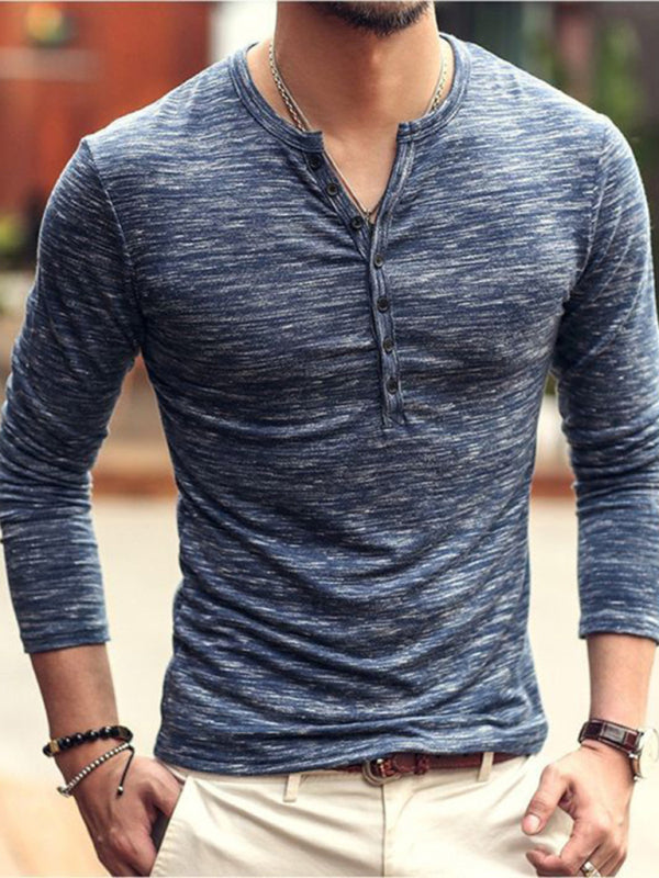 New fashion open placket slub silk men’s long-sleeved T-shirt - Blue / S
