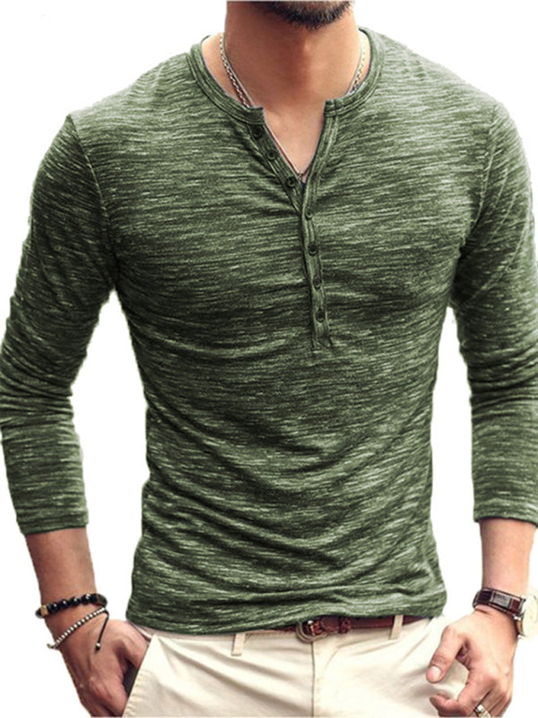 New fashion open placket slub silk men’s long-sleeved T-shirt - Green / S