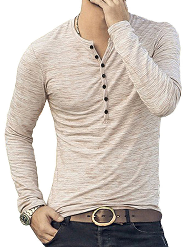New fashion open placket slub silk men’s long-sleeved T-shirt - Khaki / S
