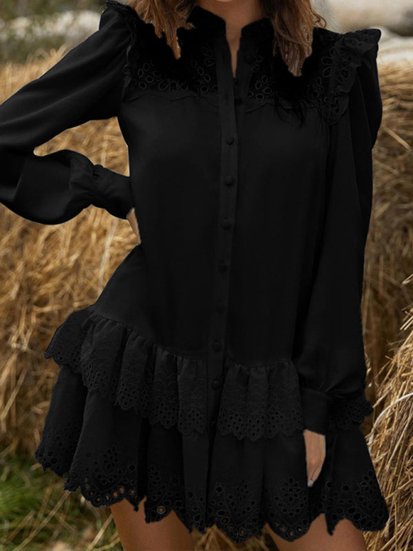 New Fashion Sexy Hollow Lace Shirt Dress - Black / S