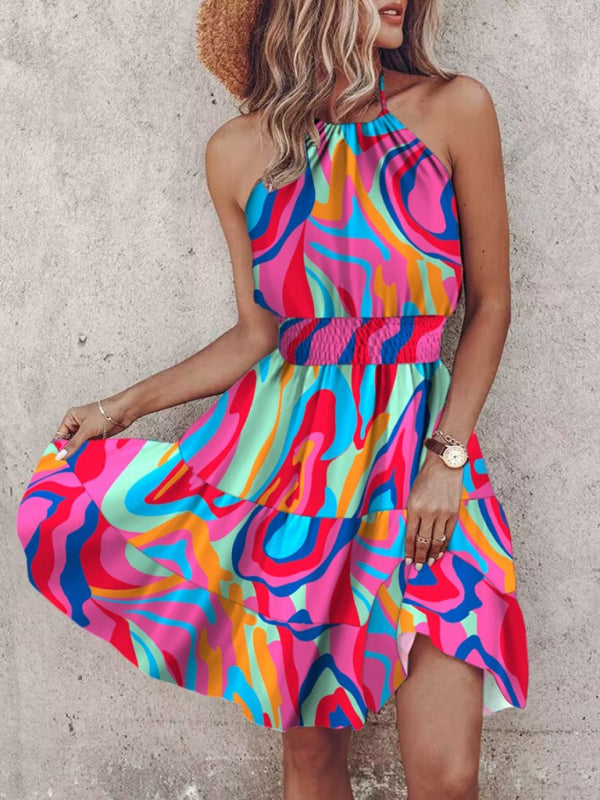 New fashion sexy off-shoulder halterneck women’s dress - Hot pink / S