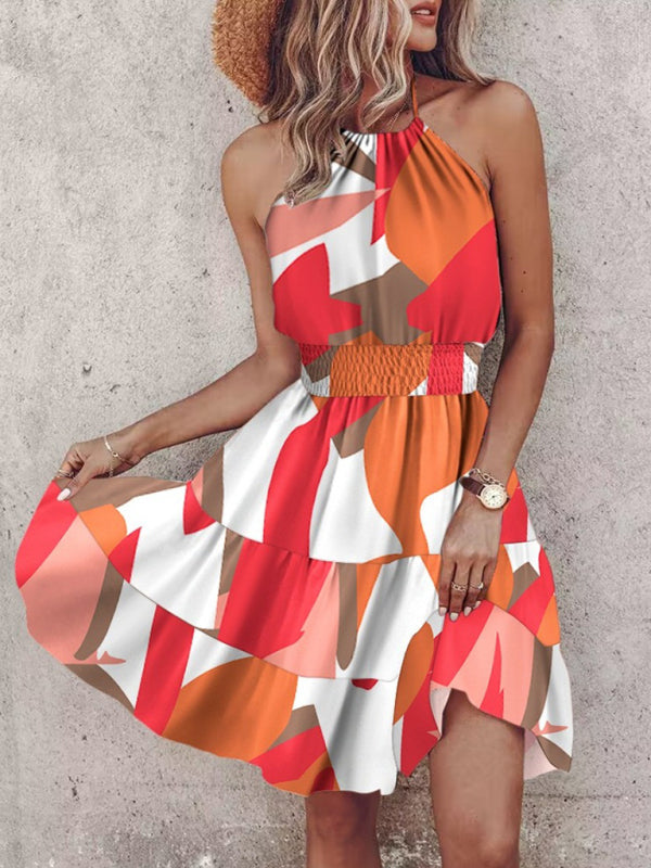 New fashion sexy off-shoulder halterneck women’s dress - Orange Red / S