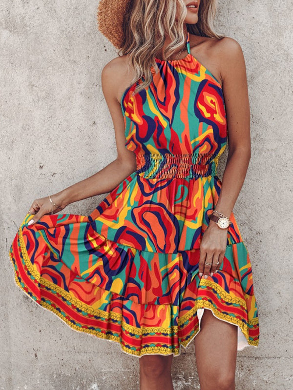 New fashion sexy off-shoulder halterneck women’s dress - Orange / S