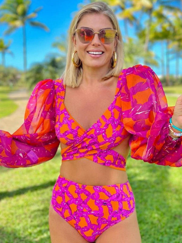 New Fashion Sexy Printed Vacation Long Sleeve Bikini Set - Pinkpurple / S