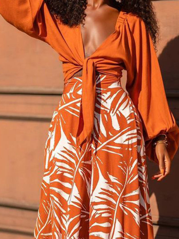 New fashion temperament printed pants V-neck top long-sleeved two-piece set - Orange / S