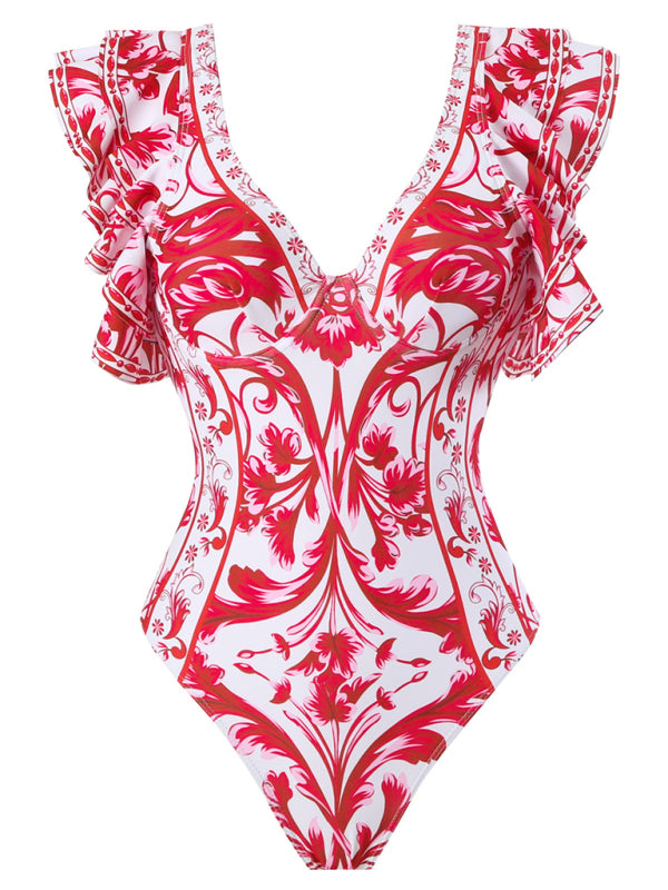 New fashion trend sexy floral print one-piece swimsuit skirt (single piece) - Rose / S