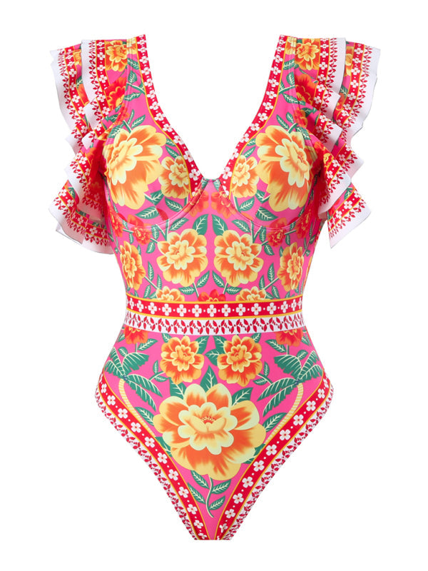 New fashion trend sexy floral print one-piece swimsuit skirt (single piece) - Red / S