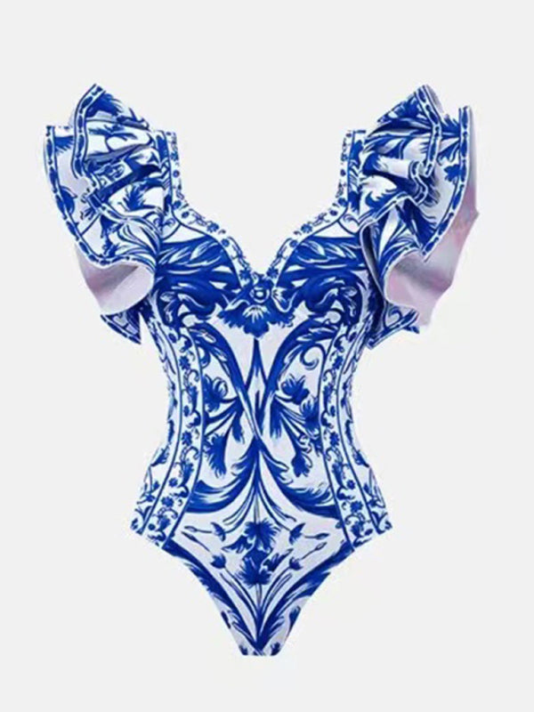 New fashion trend sexy floral print one-piece swimsuit skirt (single piece) - Blue / S