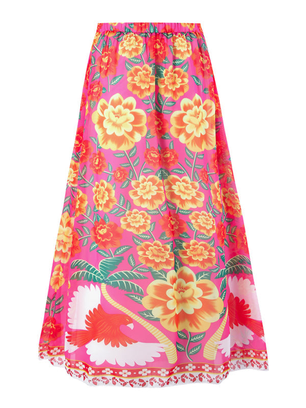 New fashion trend sexy floral print one-piece swimsuit skirt (single piece) - Dark Red / S