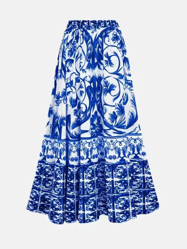 New fashion trend sexy floral print one-piece swimsuit skirt (single piece) - Acid blue / S