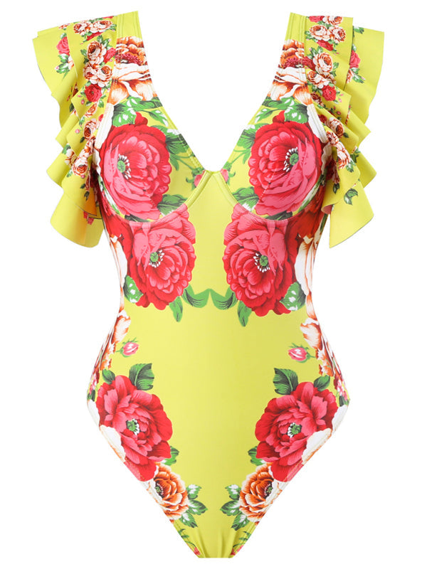 New fashion trend sexy floral print one-piece swimsuit skirt (single piece) - Yellow / S