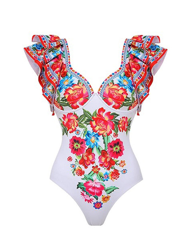 New fashion trend sexy floral print one-piece swimsuit skirt (single piece) - White / S