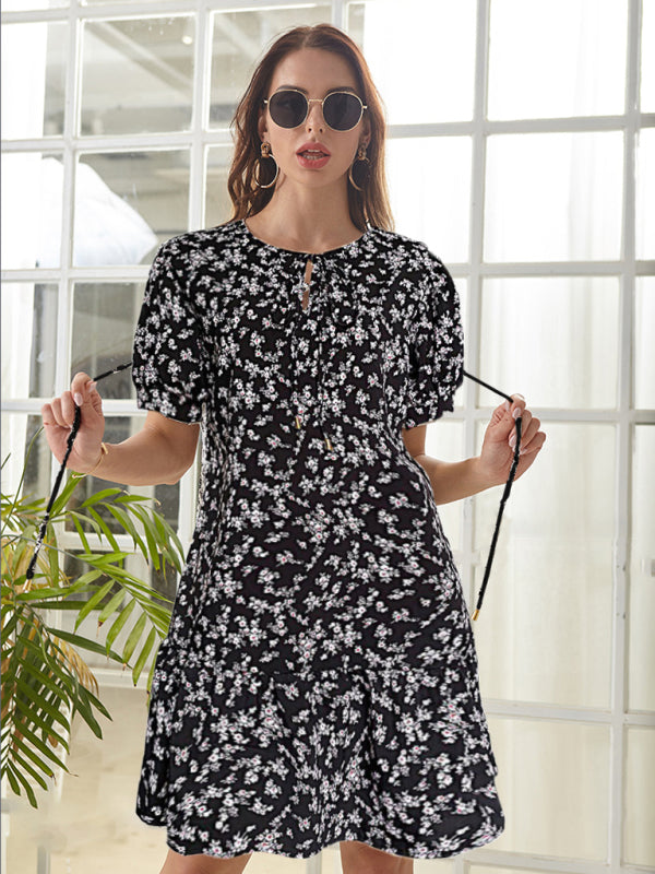 New Fashion Women’s Floral Skirt Round Neck Tie-Up High Waist Puff Sleeve Dress - Black / S