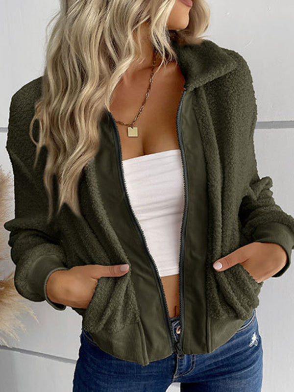 New fashion women’s solid color long-sleeved lapel sherpa jacket