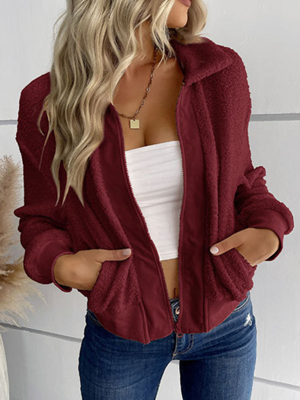 New fashion women’s solid color long-sleeved lapel sherpa jacket