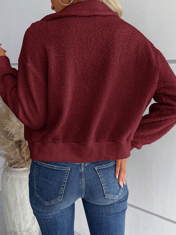 New fashion women’s solid color long-sleeved lapel sherpa jacket
