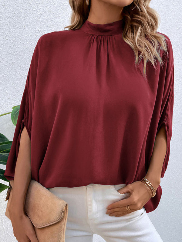 New fashion women’s temperament solid color shirt - Wine Red / S