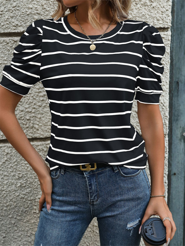 New Fashionable Puff Sleeve Striped T-Shirt - Black / S