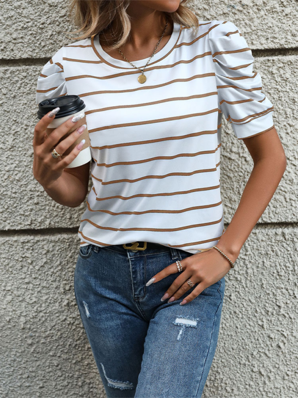 New Fashionable Puff Sleeve Striped T-Shirt - Brown / S