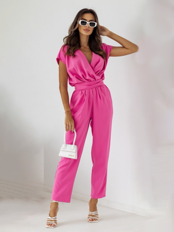 New fashionable solid color slimming short-sleeved jumpsuit - Rose / S