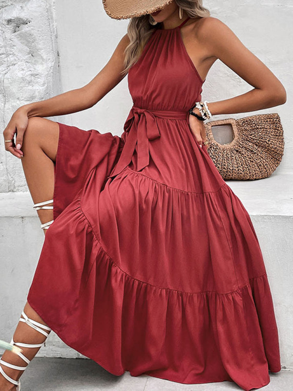 New fashionable women’s halterneck solid color mid-length dress