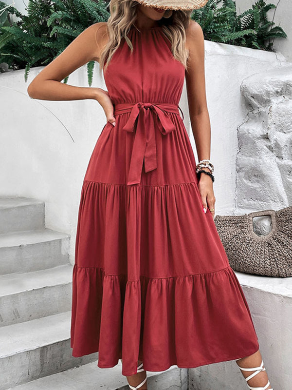 New fashionable women’s halterneck solid color mid-length dress - Wine Red / S