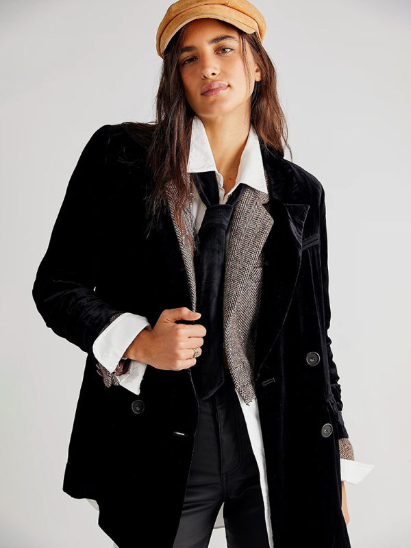 New Golden Velvet Jacket Split Blazer - Black / S