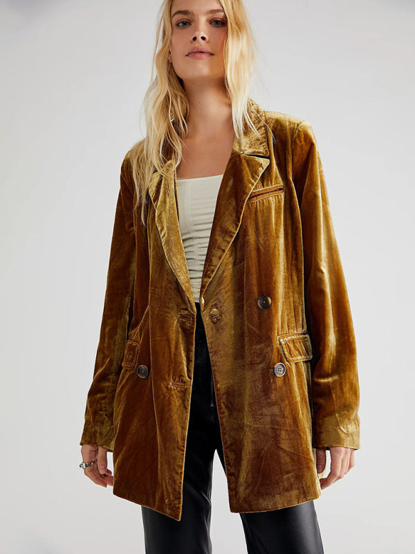 New Golden Velvet Jacket Split Blazer - Orange / S