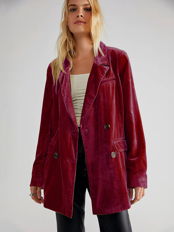 New Golden Velvet Jacket Split Blazer - Wine Red / S