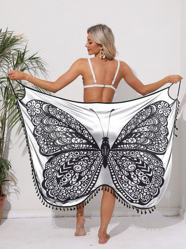 New holiday style butterfly print suspender dress strappy backless beach skirt - Closther