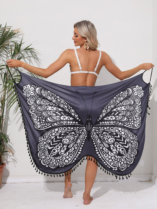 New holiday style butterfly print suspender dress strappy backless beach skirt - Closther