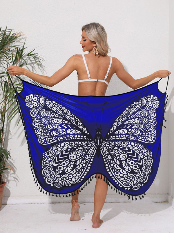 New holiday style butterfly print suspender dress strappy backless beach skirt - Closther