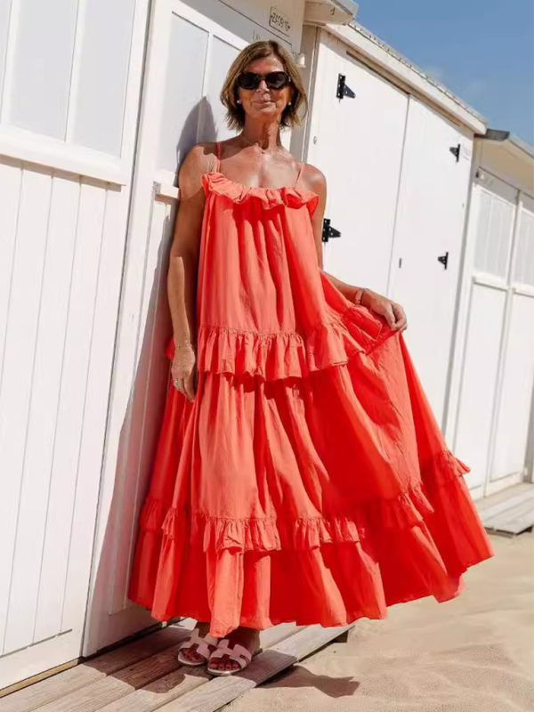 New holiday style ruffled long dress with long swing and elegant beach dress - Red / S