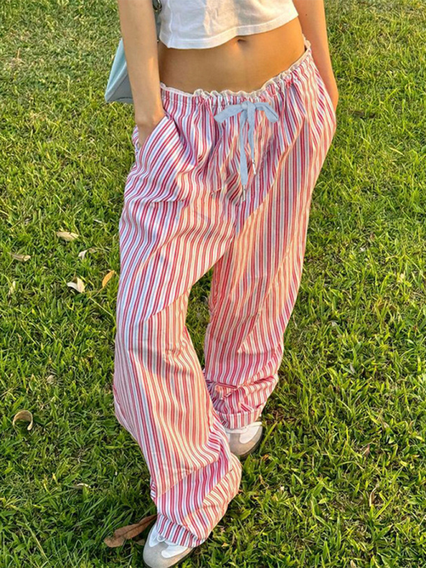 New holiday style striped lace stitching casual pants hot girl elastic waist straight loose trousers - Pink / S