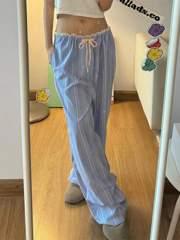 New holiday style striped lace stitching casual pants hot girl elastic waist straight loose trousers - Clear blue / S